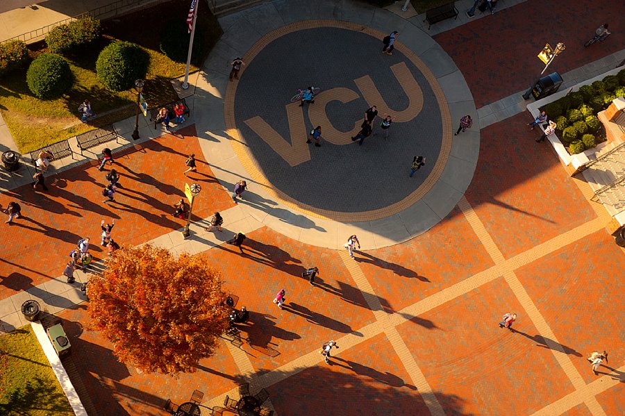 Aerial view of vcu students walking to class